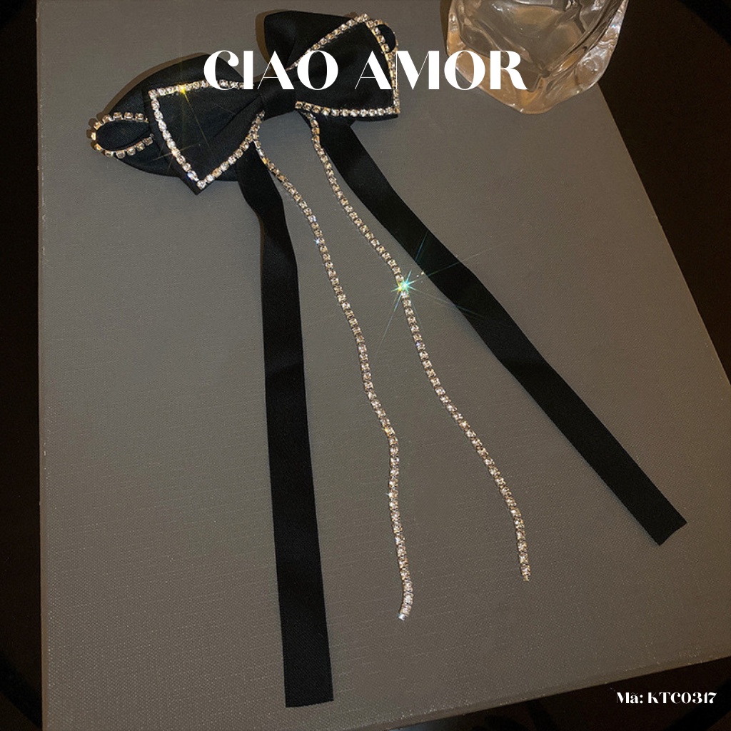 Kẹp tóc nữ, Kẹp nơ lụa nơ đính đá dây dài tiểu thư công chúa Phụ kiện tóc Trang sức Ciao Amor - KTC0317