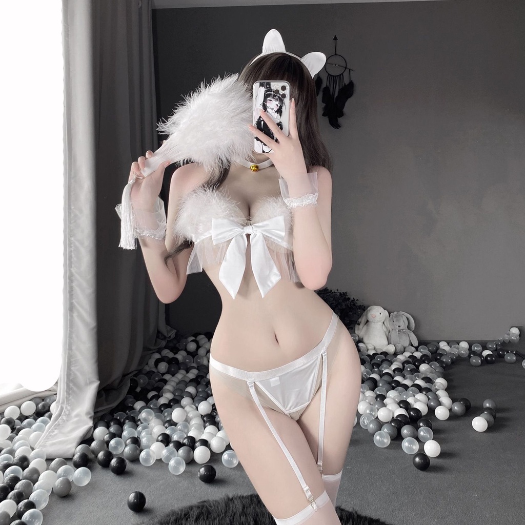 Đồ ngủ sexy đồ ngủ nữ cosplay mèo 1 sexy ren lưới hoa văn màu trắng freesize QUENQUEN store a1 | WebRaoVat - webraovat.net.vn