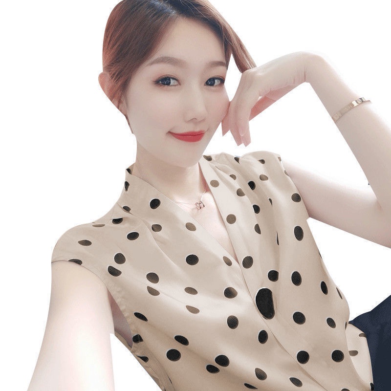 Thời Trang Áo Chiffon Sát Nách Dáng Rộng Họa Tiết Chấm Bi Cho Nữ