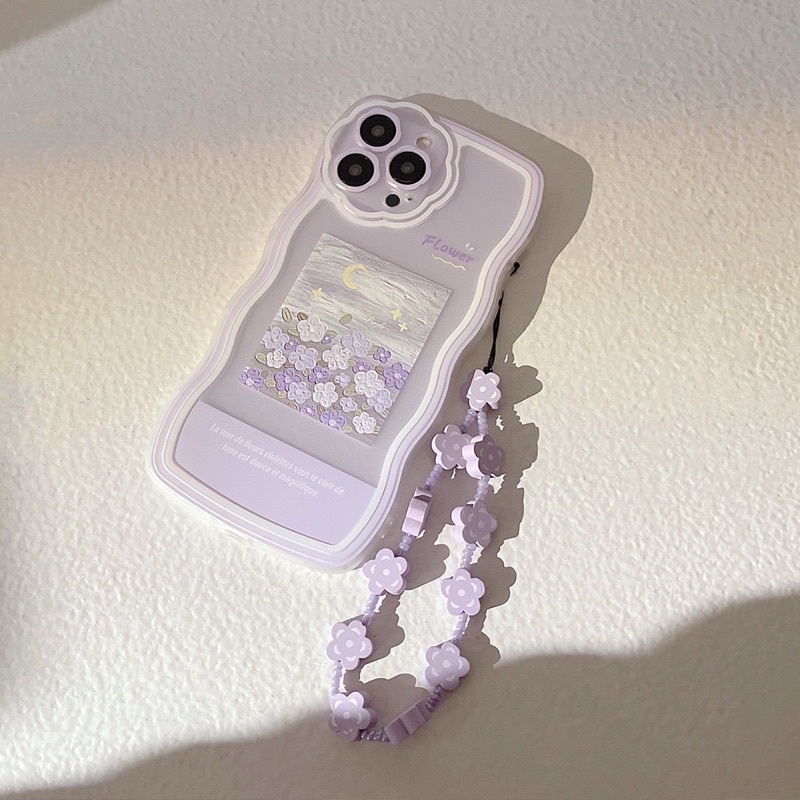 Ốp lưng iphone mềm dẻo viền mây trong suốt màu tím có bức hình bông hoa nhẹ nhàng, pastel