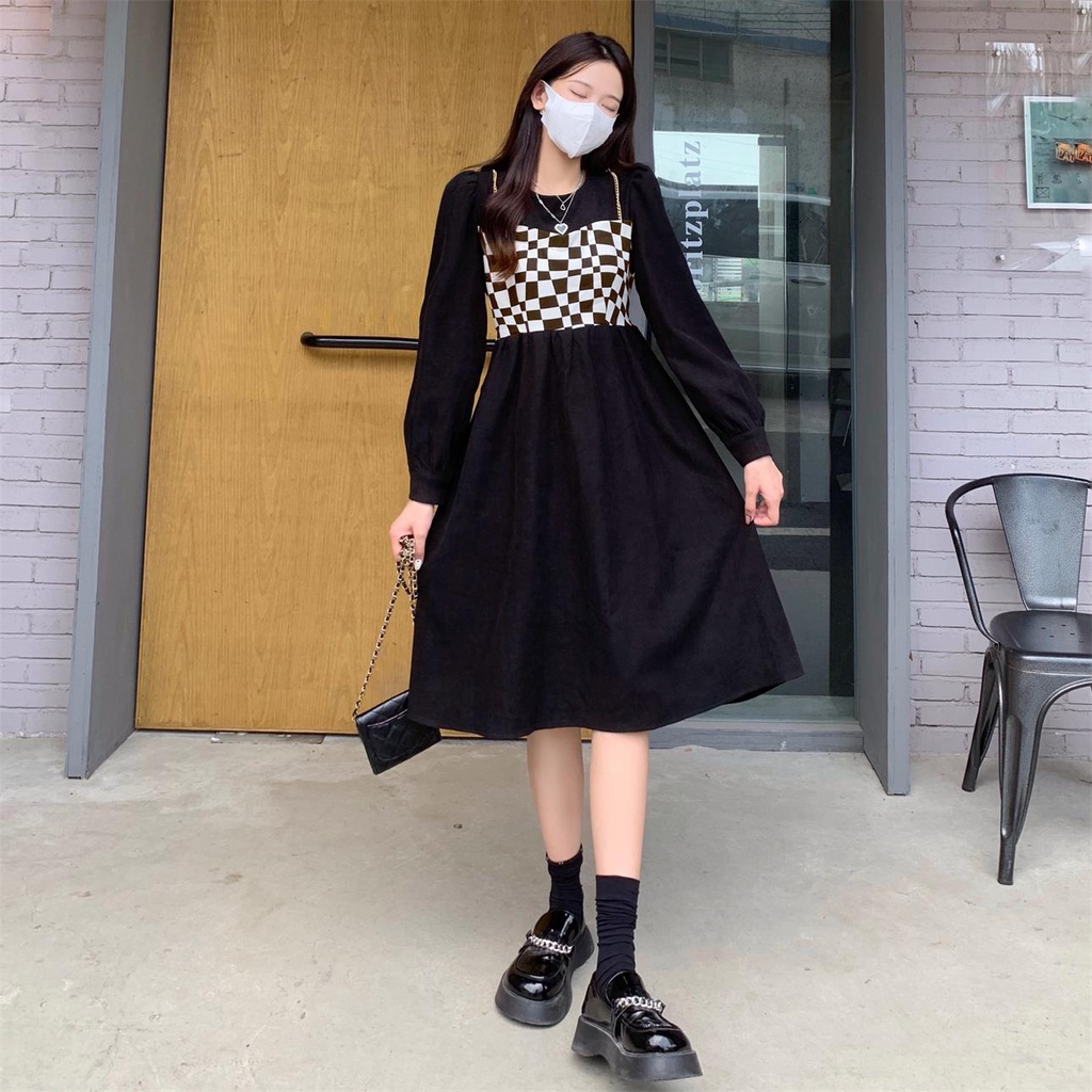 Đầm ZHELIHANGFEI tay dài giả hai lớp nhấn eo phong cách thanh lịch thời trang cho nữ