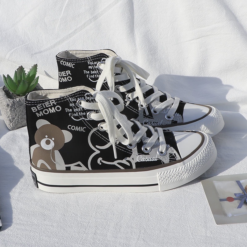 Giày Vải Canvas Cổ Cao In Hình Gấu Dễ Thương Phong Cách Hàn Quốc Thời Trang Mùa Thu Cho Nữ 2022