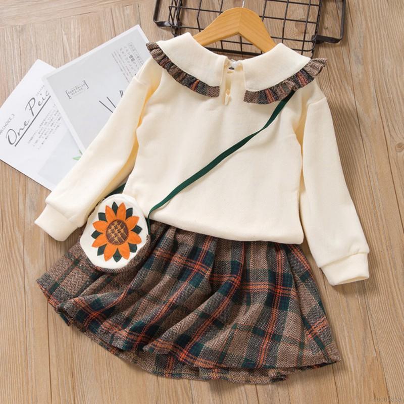 Set áo thun dài tay cổ tròn + chân váy ngắn đáng yêu cho bé gái