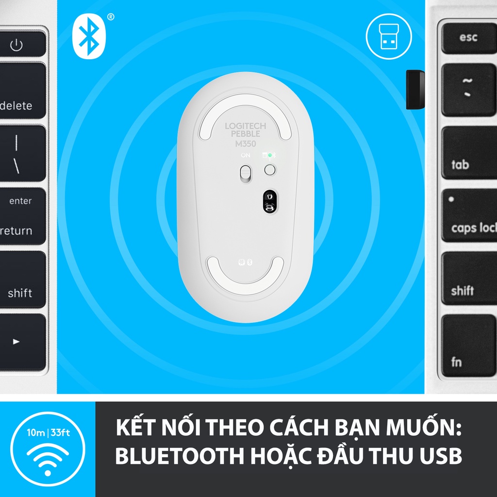 [Mã ELLOGIWL5 giảm 10% đơn 500K] Chuột không dây Logitech Pebble M350 – Bluetooth/ USB, nhỏ gọn, giảm ồn, MacOS / PC