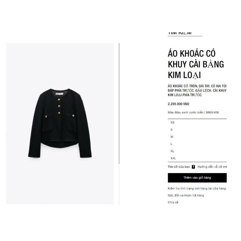 Áo dạ zara size L mẫu new onl web