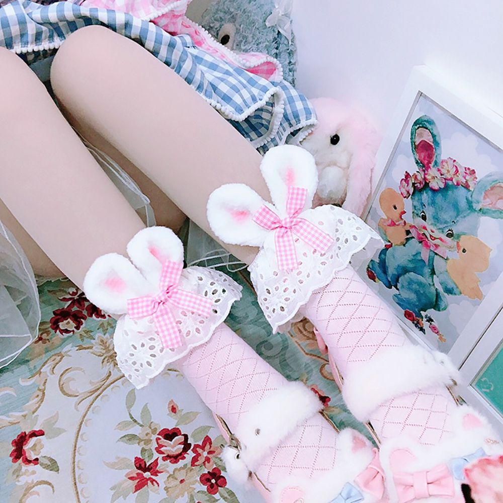 Vớ Lolita phối bèo và ren rỗng hình trái tim trang trí hình tai thỏ thoáng khí mềm mại đáng yêu dành cho bạn nữ