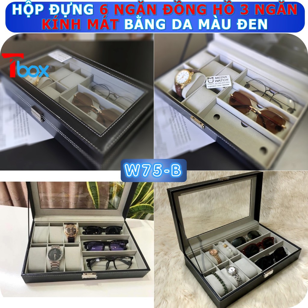 Hộp đựng đồng hồ kính mắt Freeship Hộp 6 đồng hồ 3 kính mắt bằng da màu đen cao cấp