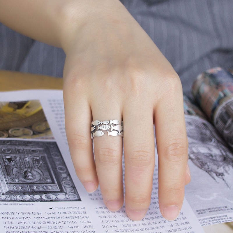 Nhẫn mạ bạc 925 hình đàn cá phong cách retro