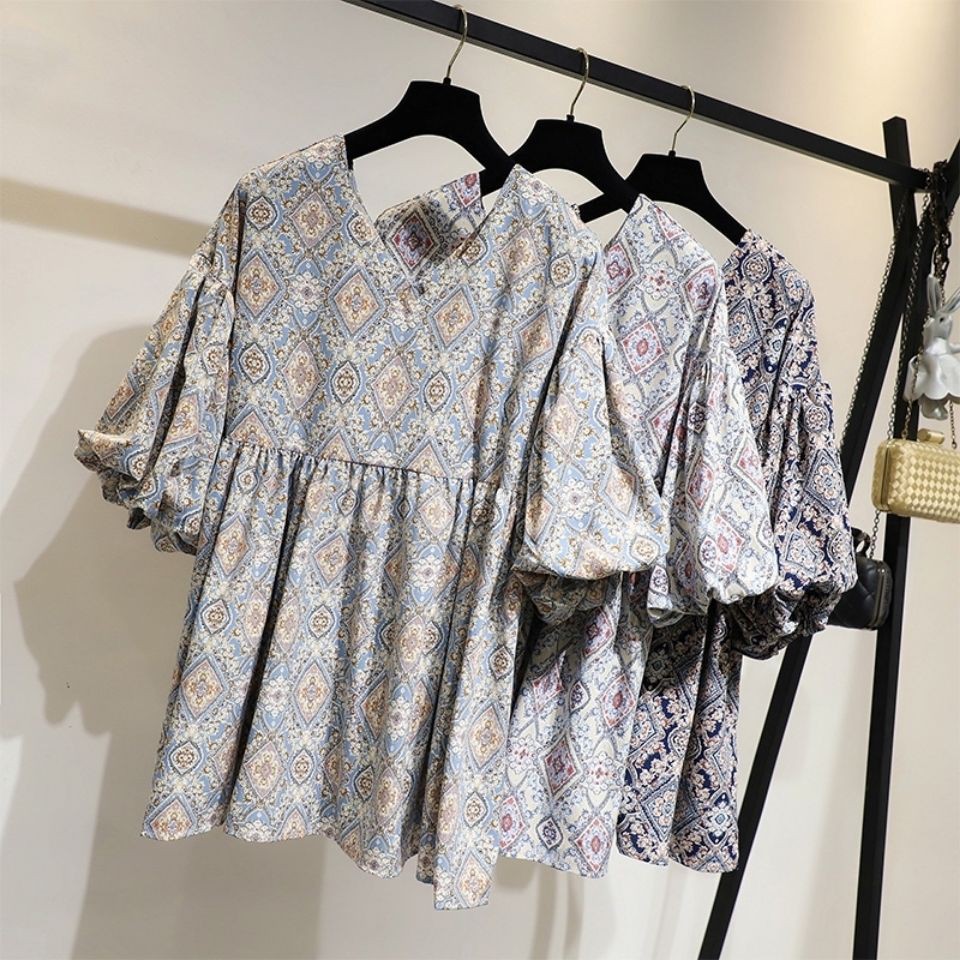 đầm xoèváy body◄▨Phiên bản Hàn Quốc của váy rời 20 mẫu mùa hè in retro cổ chữ v phía trước và sau cộng với kí