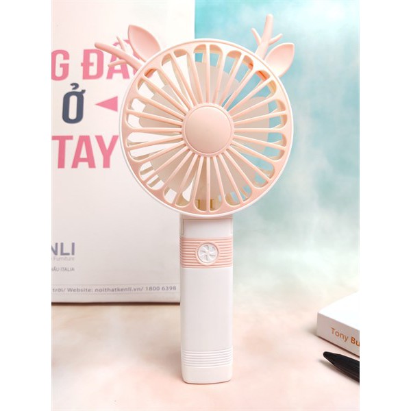 Quạt Mini Cầm Tay Cao Cấp Có Thể Gấp Tiện Dụng, Fan 2 Tốc Độ Gió Kèm Usb Cắm Sạc Hình Sừng Tuần Lộc - Màu Hồng