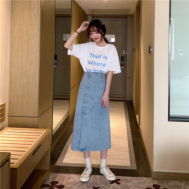 Xiaozhainv chân váy jean Chữ A Lưng Cao Xẻ Tà Phong Cách Retro Hàn Quốc | BigBuy360 - bigbuy360.vn