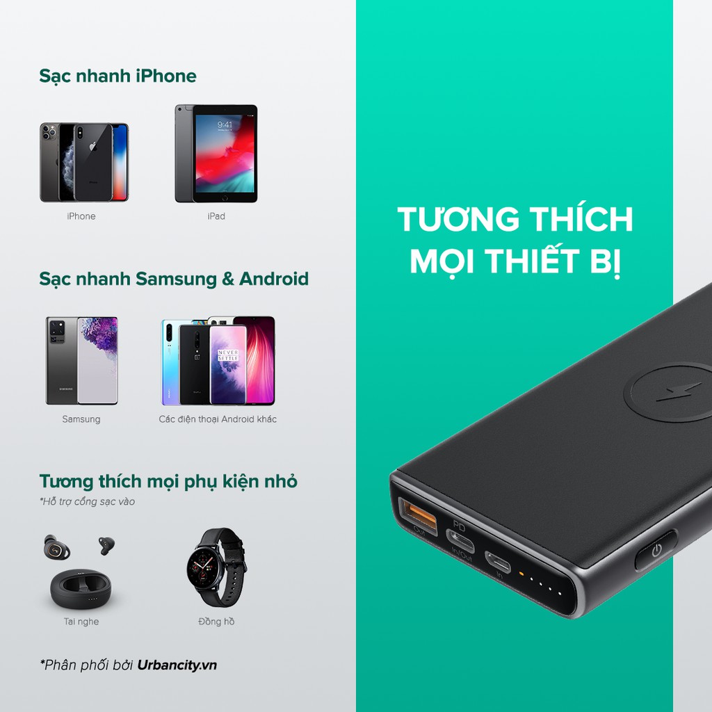 [Mã ELMALL300K giảm 5% đơn 500K] Pin Dự Phòng Kiêm Sạc Không Dây 10W AUKEY PB-Y32 10.000mAh, Sạc Nhanh PD 18W, QC 3.0