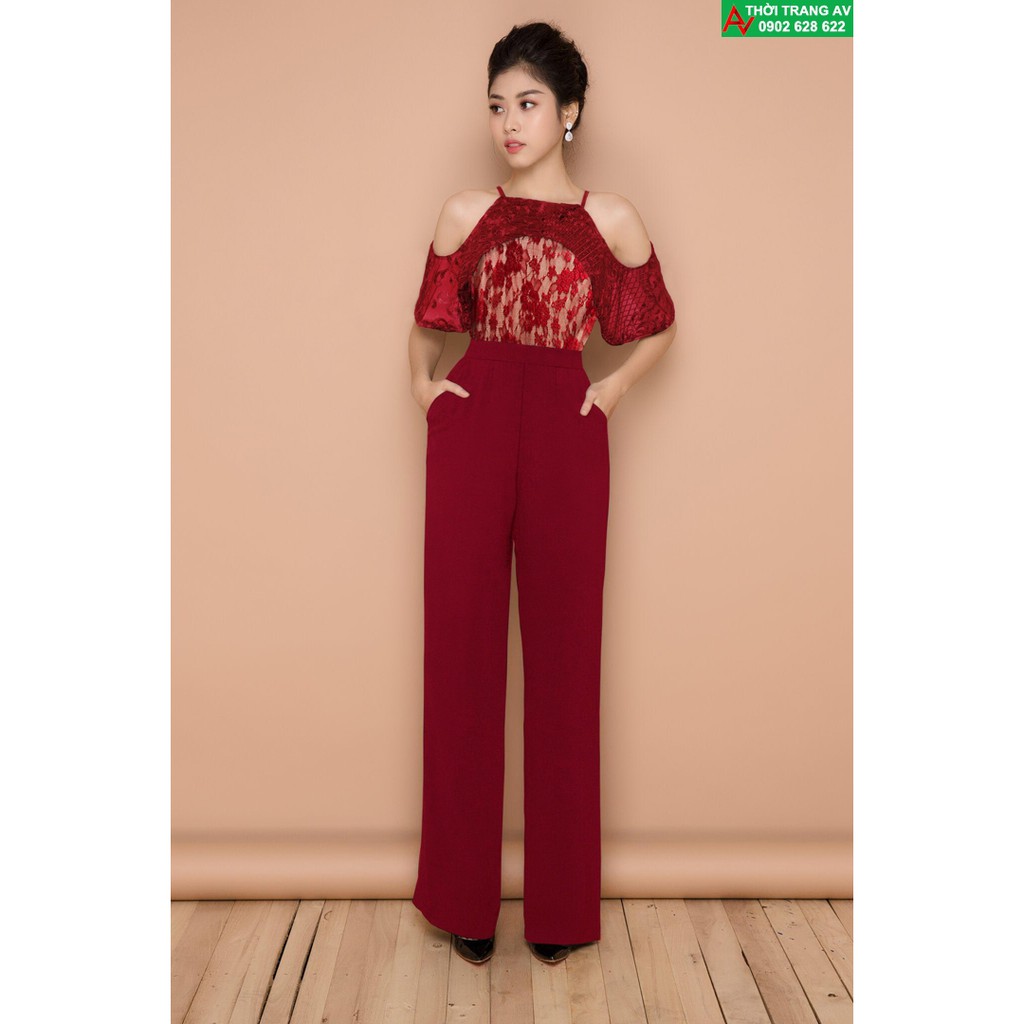 Jumpsuit - Đồ bay dài cổ yếm ống suông khoét vai phối ren đầy sang trọng - AV6197