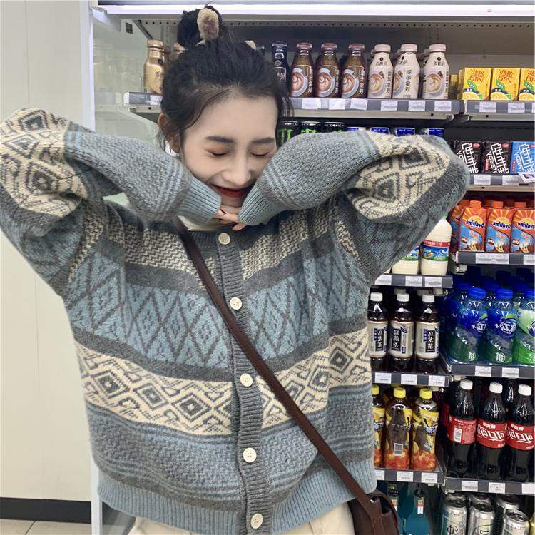 Hàng Sẵn_ Áo len cardigan dệt kim ngắn phong cách retro