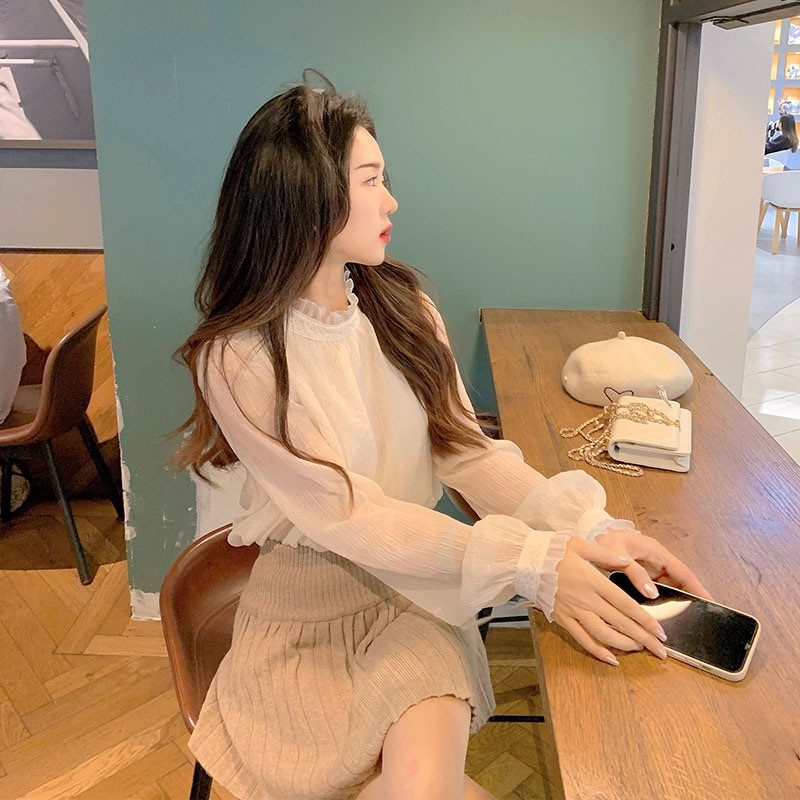 Linki ✧ Áo Sơ Mi Dài Tay Màu Trơn Phối Ren Xinh Xắn Cho Nữ