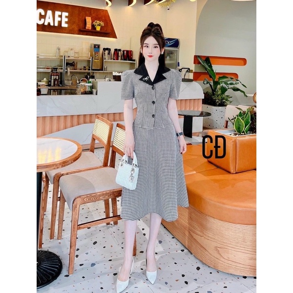 Sét váy thời trang công sở nữ mặc đi sang trọng chất bố dạ caro phối cổ đen vest tay ngắn mix chân váy xoè dài
