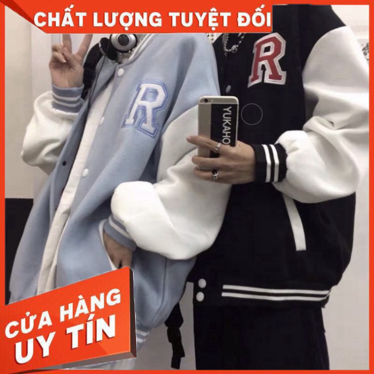 Áo bomber- Áo bóng chày màu xanh ngọc- đen trắng chữ R form rộng unisex nam nữ - Hàng nhập khẩu