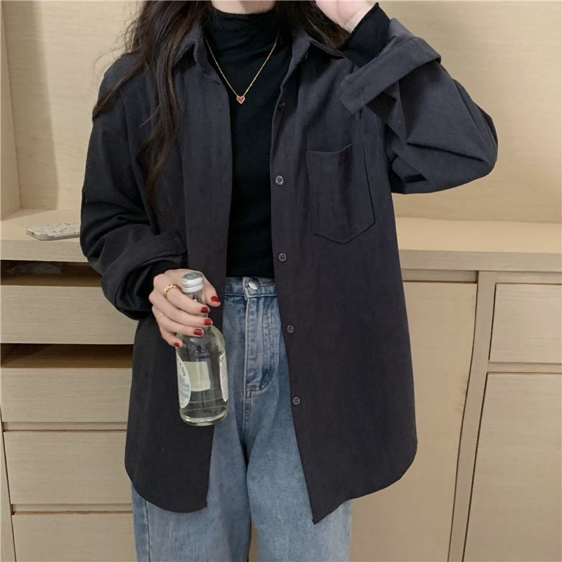 Áo Sơ Mi Form Rộng Chất Liệu Nhung Kẻ Phong Cách retro Mới