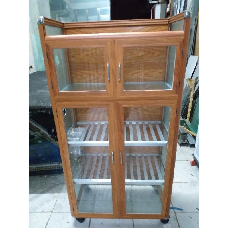 Tủ nhôm kính chén bát cao cấp nhôm vân gỗ vàng.
