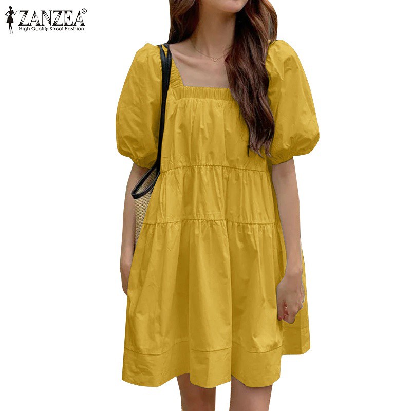 Đầm mini ZANZEA màu trơn thời trang nữ cổ vuông thiết kế tay phồng