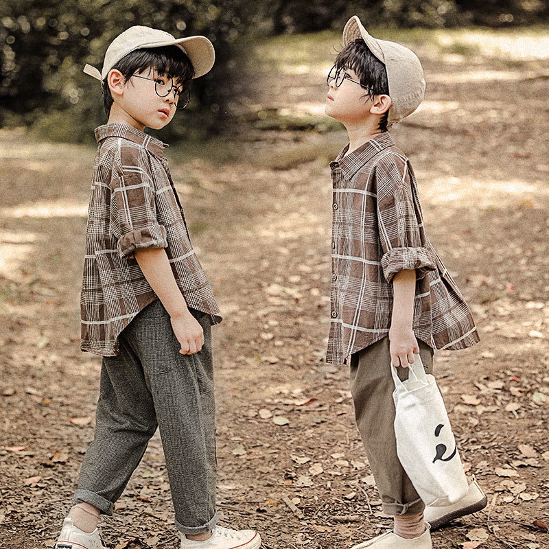 Áo khoác sơ mi kẻ sọc caro phong cách Hàn Quốc mùa xuân thu mới cho bé trai