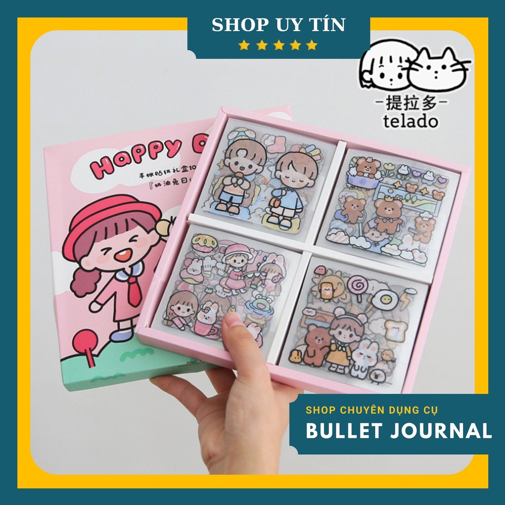 Hộp Sticker 100 tấm hình dán trang trí hình bé gái hộp hồng