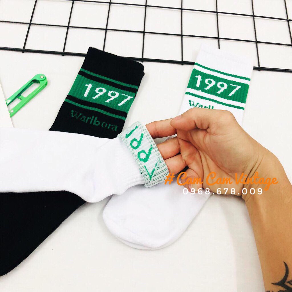 TẤT CAO CỔ NAM VƠ CAO CỔ NỮ ULZZANG TẤT UNISEX ĐEN TRĂNG CỔ CAO CHỮ XANH 1997
