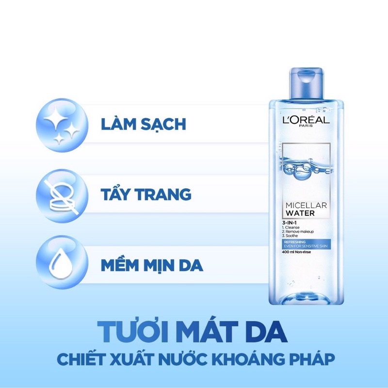 Nước Tẩy Trang 3 In 1 L'Oreal Paris Micellar Water tươi mát, dưỡng ẩm, sạch sâu 400ml