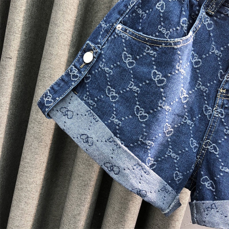 Quần short denim ống rộng eo cao in họa tiết thời trang cho nữ