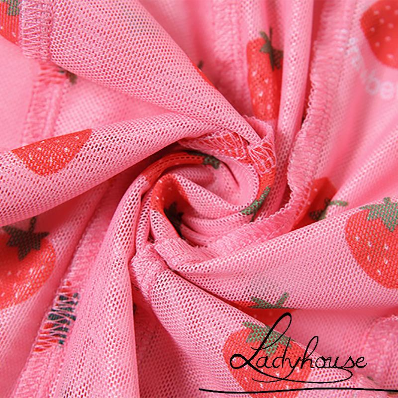 Áo thun dài tay hở rốn in họa tiết dâu tây dành cho nữ