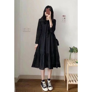 Đầm babydoll cổ nơ ngực - váy nữ tay bồng dáng suông 2 màu