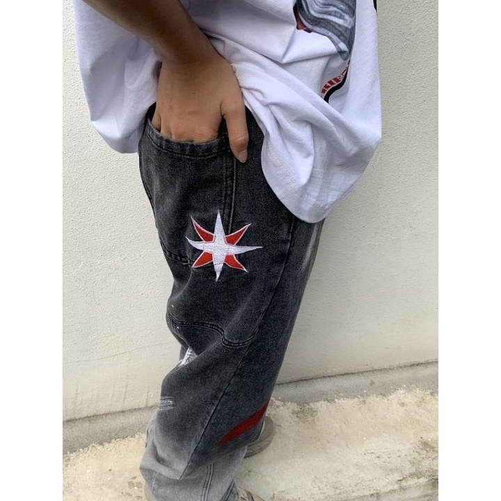 Quần jean ống rộng unisex hình thêu vảy sơn phong cách đường phố