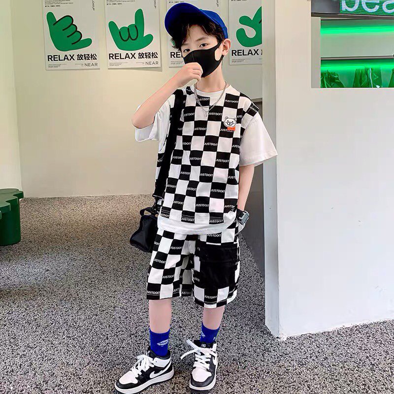 Bộ đồ bé trai Con Xinh cotton hình in Gấu ô vuông JUSTDOIT, thời trang dành cho trẻ em từ 4 đến 10 tuổi