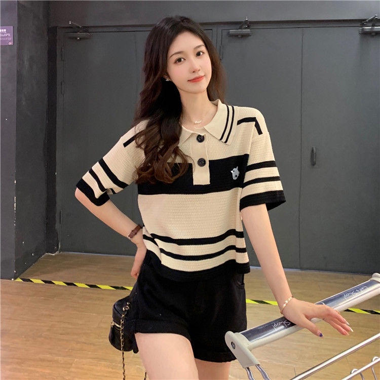 Áo polo Dệt Kim Tay Ngắn Dáng Rộng Họa Tiết Kẻ Sọc Thời Trang Mùa Hè 2022 Dành Cho Bạn Nữ