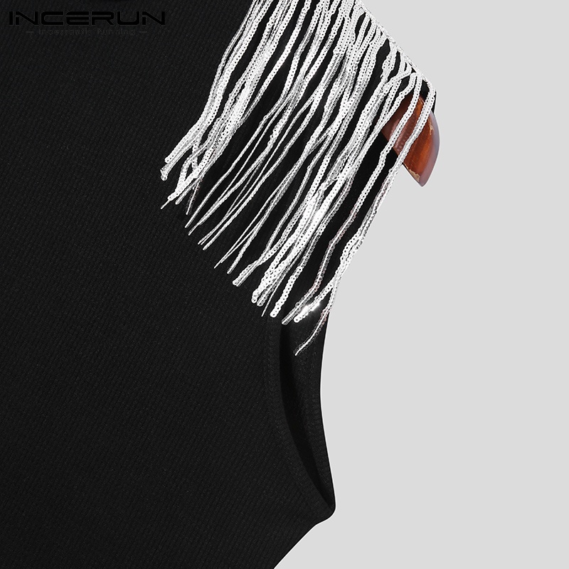 Áo thun INCERUN không tay dáng ôm phối tua rua màu trơn sành điệu cho nam