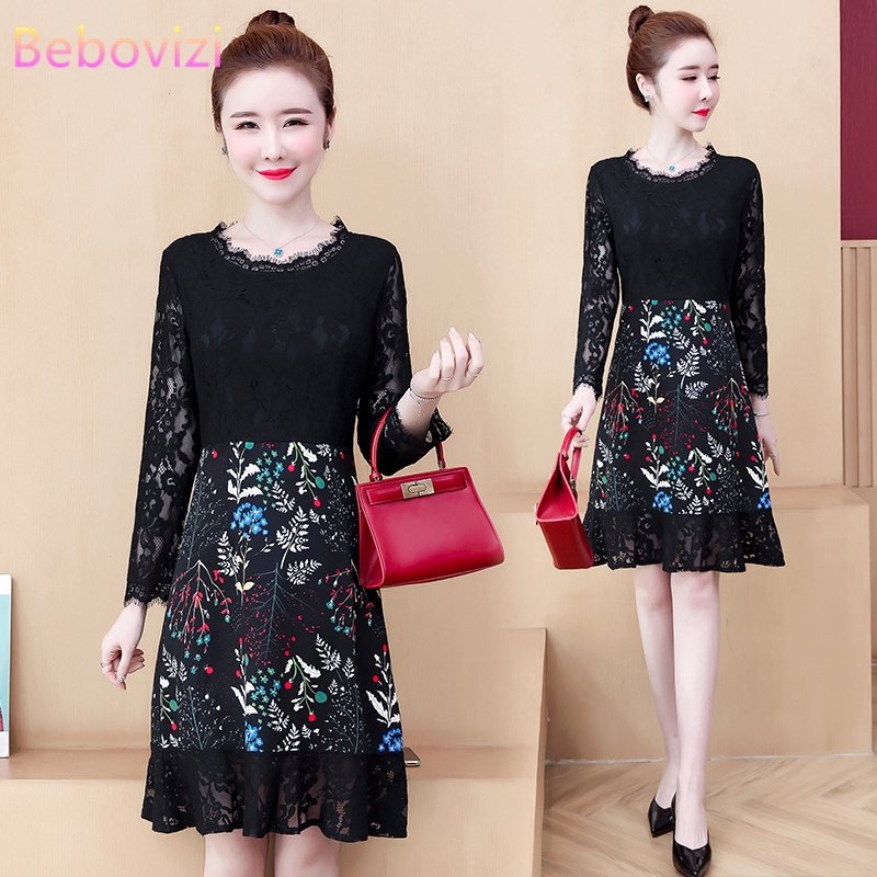 Ready Stock 5XL Korean Fashion Black Lace Long Sleeve Women Plus Size Midi Dress Casual Midi Dresses