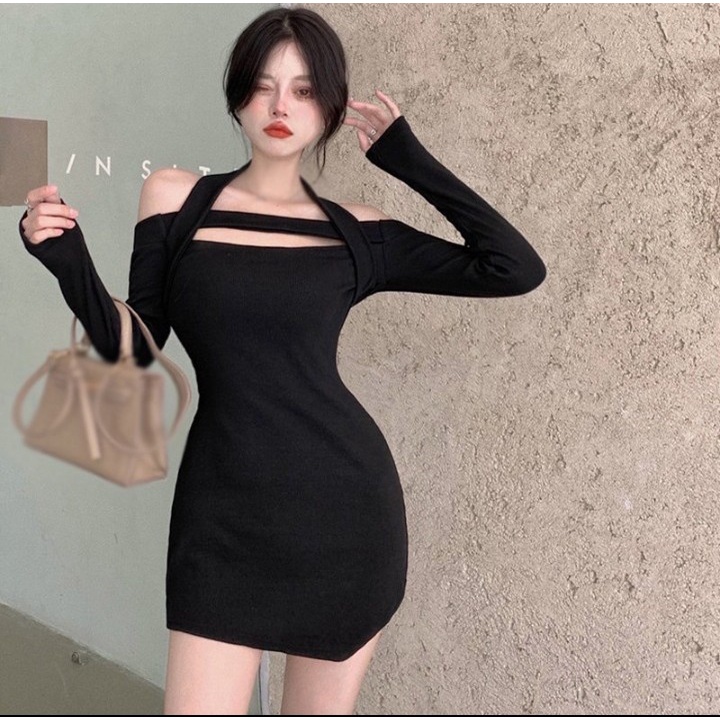 Đầm ôm body tà xéo trễ vai phối dây choàng cổ chất thun Borip dầy dặn co giãn tốt Cam kết hàng Y Hình ( Size 40-53kg )