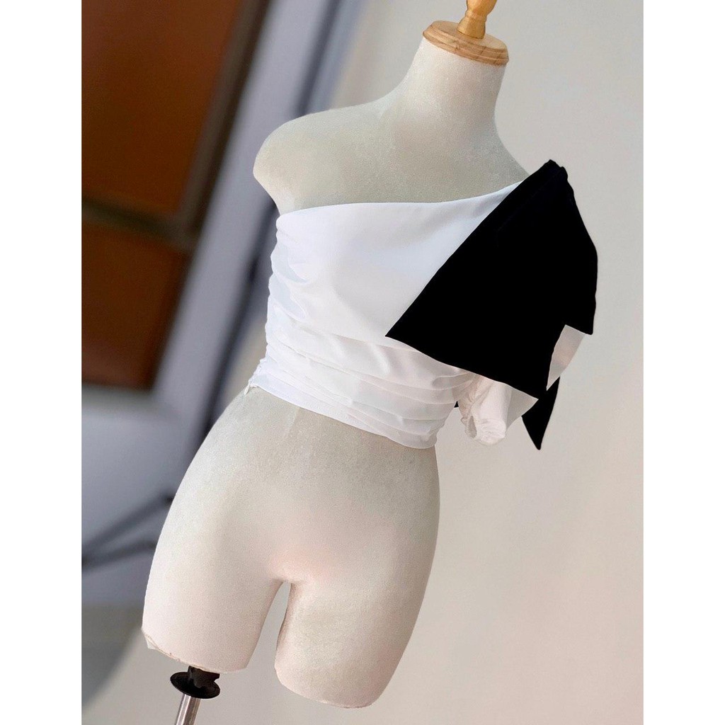 (HÌNH THẬT) Áo Croptop Lệch Vai Nơ MONY (ÁO TRẮNG NƠ ĐEN)