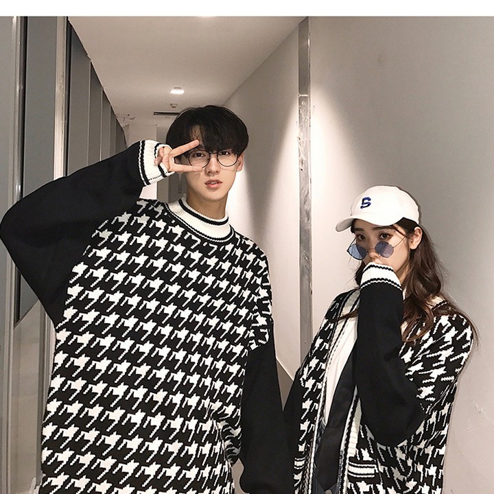 Áo khoác len cặp đôi nam nữ họa tiết houndstooth big size thời trang Hàn Quốc mới nhất 2019. AK1901