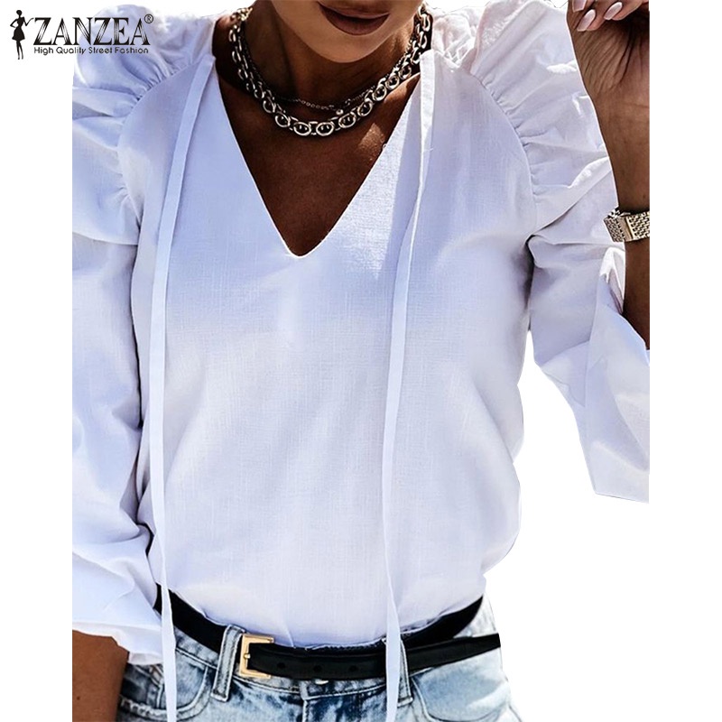 Áo kiểu Zanzea tay dài phồng thiết kế cổ chữ v thắt dây thời trang thanh lịch cho nữ