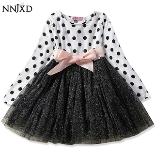 Đầm xòe NNJXD dài tay họa tiết chấm bi thời trang cho bé gái