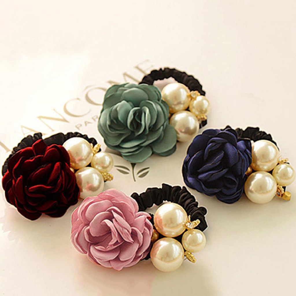 Dây Buộc Tóc Co Giãn Đính Hoa Hồng Và Hạt Giả Ngọc Trai