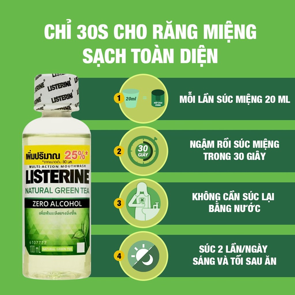 Nước Súc Miệng Listerine Trà Xanh Ngừa Sâu Răng, Hơi Thở Thơm Mát Listerine Green Tea Zero Alcohol Mouthwash 100ml