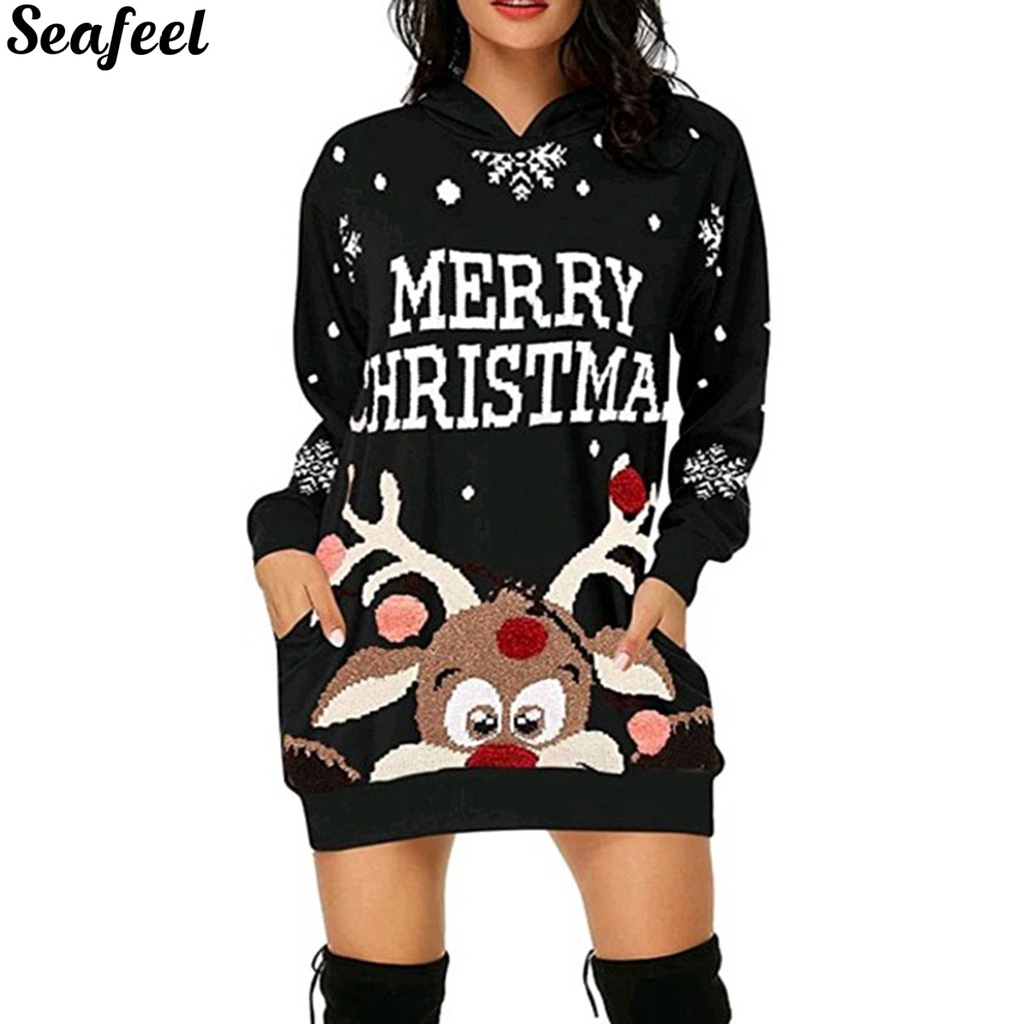 sf_Áo sweatshirt tay dài siêu nhẹ in hình tuần lộc Giáng Sinh