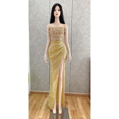 Đầm maxi kim sa kết hạt có lót trễ vai xoắn eo sang trọng TRIPBLE T DRESS - size M/L - MS127V