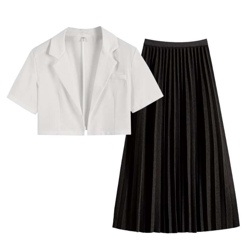 Set Bộ Áo Blazer Cổ Vest Dáng Croptop Phối Chân Váy Midi Dài Xếp Li Thời Trang Sugal AO KHOAC NU 004 + CV NU 014