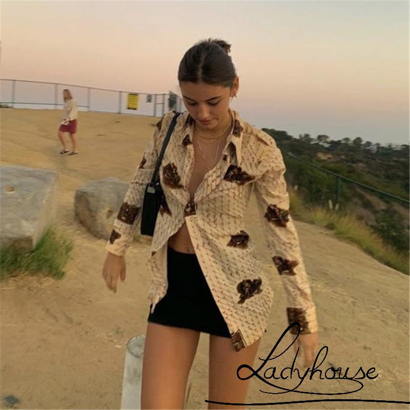 Áo Sơ Mi Cài Nút Xuống Tay Dài Cổ Chữ V In Họa Tiết Vintage Ôm Dáng Cho Nữ