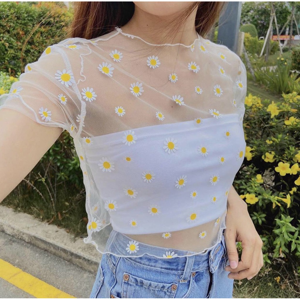 SET 2 MÓN CROPTOP HOA CÚC LƯỚI ❤️ SET ÁO TUBE QUÂY MIX ÁO REN LƯỚI CHIFON HOA CÚC ĐEN TRẮNG