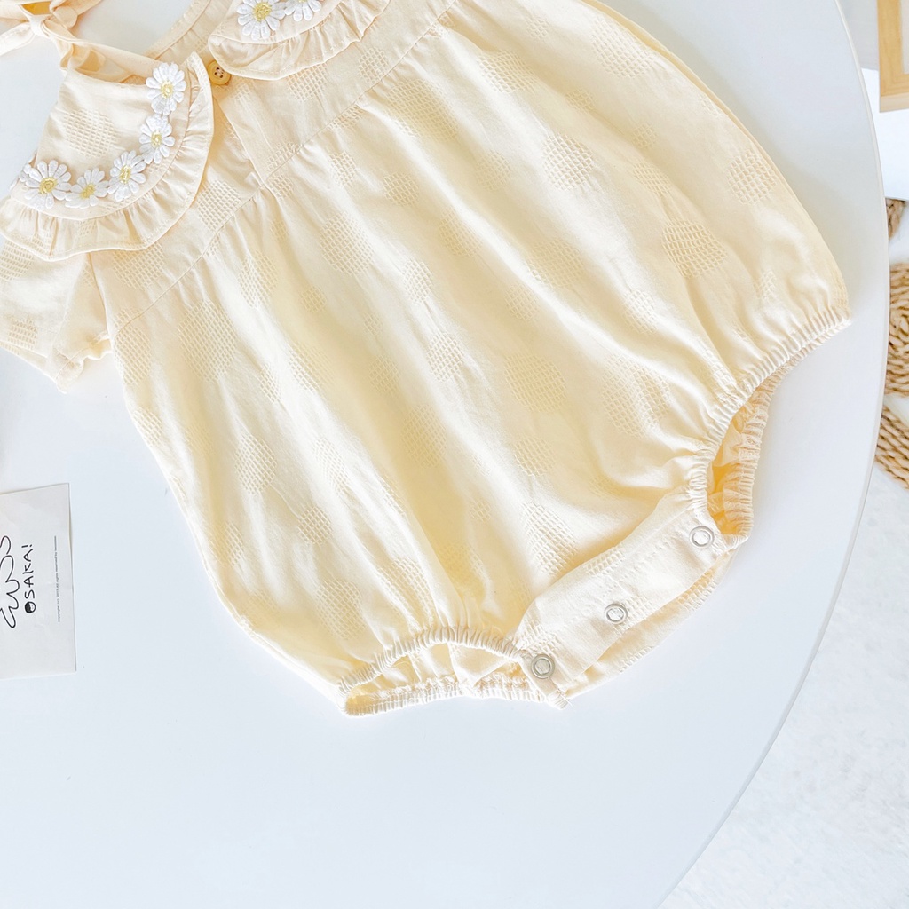 Áo liền quần SANLUTOZ tay ngắn cotton trang trí hoa có mũ trùm đầu dễ thương kiểu công chúa mùa hè cho bé gái sơ sinh