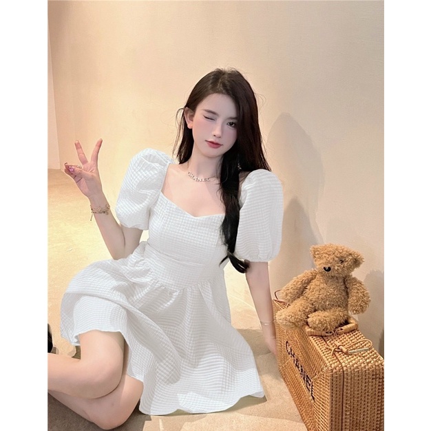 ĐẦM XỐP XOÈ TAY BÚP PHỒNG TRẮNG/XANH BƠ KTGIMI ( Kèm ảnh thật)